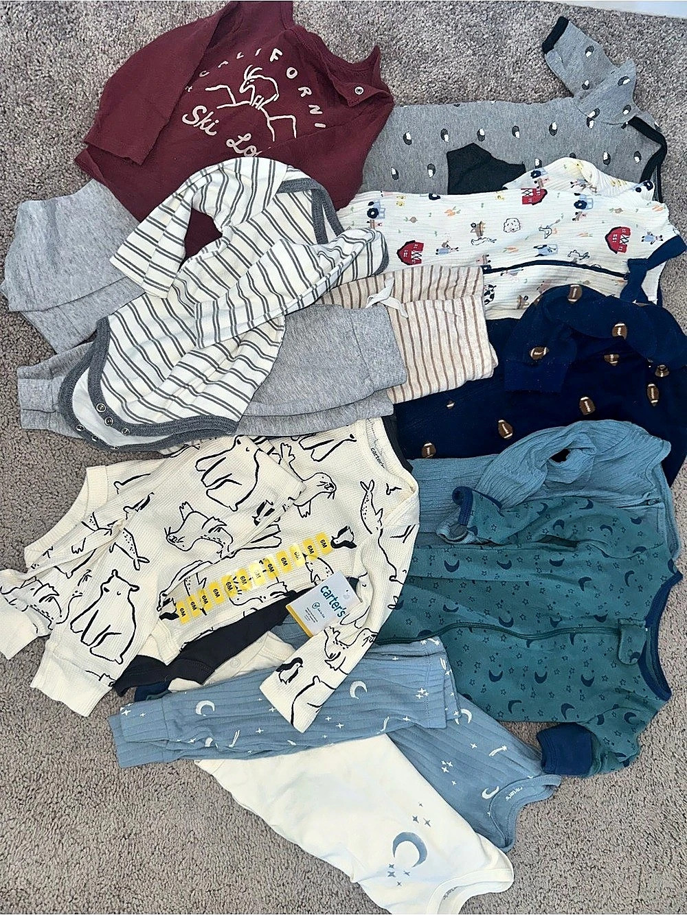 Large lot of baby boys clothes, 6-9 months, 16 items: pjs, pants, long sleeves